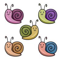 A set of colored icons, a small cartoon bright snail with a round shell, a character, vector illustration on a white background