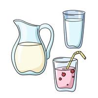 A set of colored icons, drinks in glassware, vector illustration in cartoon style on a white background