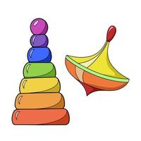 un conjunto de iconos de colores, juguetes brillantes para niños pequeños, una peonza y una pirámide, una ilustración vectorial en estilo de dibujos animados sobre un fondo blanco vector