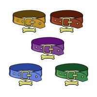 A set of colored icons, a leather dog collar with a gold tag, a vector illustration in cartoon style on a white background