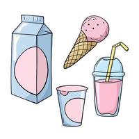 un conjunto de iconos de colores, postre con yogur dulce de frutas, helado, batido, ilustración vectorial en estilo de dibujos animados sobre un fondo blanco vector