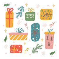 conjunto de regalos de navidad, ilustración vectorial en estilo plano, decoración para postales, carteles vector