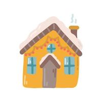 Cute winter house with chimney, vector flat illustration on white background