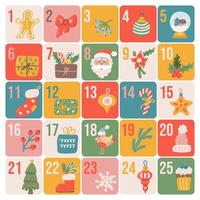 calendario de adviento de navidad en estilo plano dibujado a mano, cartel de vector festivo