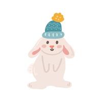 Cute rabbit in winter hat, vector flat illustration on white background