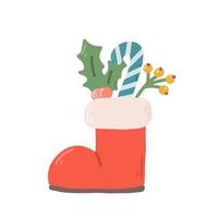 Red boot with decorative ornaments, berries, sweet cane, vector flat illustration on white background