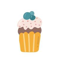 Cupcake with cream and berries, vector flat illustration of festive dessert on white background
