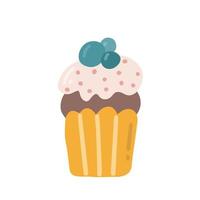 Cupcake with cream and berries, vector flat illustration of festive dessert on white background