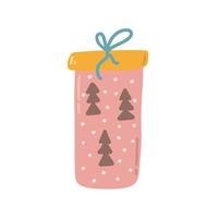 Gift in package with Christmas trees, vector flat illustration on white background