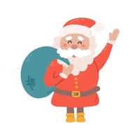 Cheerful Santa with bag of Christmas gifts, vector flat illustration on white background