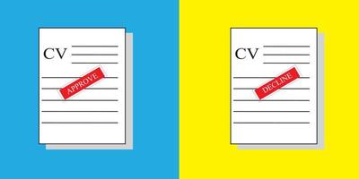 Cv papers icon. Outline cv papers vector icon for web design isolated on yellow and blue background with shadow with decline and approve stamp red