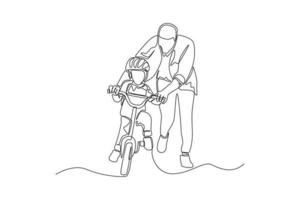Single one line drawing a father learning his son how to ride a bicycle. Family time concept. Continuous line draw design graphic vector illustration.