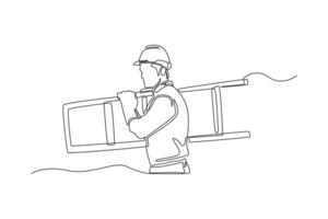 Continuous one line drawing Construction worker carrying a ladder working in building construction. Construction and building concept. Single line draw design vector graphic illustration.