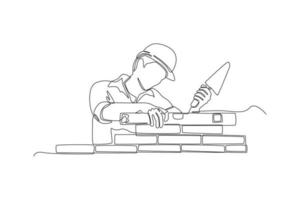 Continuous one line drawing Construction worker lay clay bricks to form building walls at the construction site. Construction and building concept. Single line draw design vector graphic illustration.