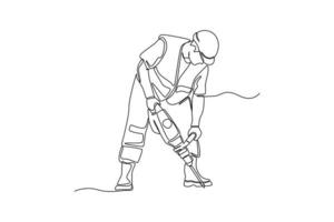 Continuous one line drawing construction worker drilling with pneumatic hammer drill equipment breaking asphalt at road construction site. Construction and building concept. Vector illustration.