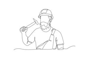 una línea continua dibujando una construcción de hombre sosteniendo un martillo en una mano listo para trabajar. concepto de construcción y construcción. ilustración gráfica vectorial de diseño de dibujo de una sola línea. vector