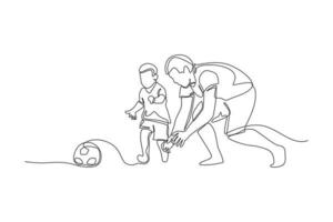 Single one line drawing son playing football with his father. Family time concept. Continuous line draw design graphic vector illustration.