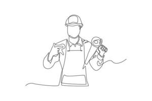 Continuous one line drawing Construction worker holding angle grinder and pointing at tool with finger. Construction and building concept. Single line draw design vector graphic illustration.