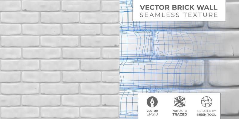 Vector white brickwall pattern for design exterior, interior, 3D. Horizontal seamless brick texture background. Not auto traced. Created by mesh tool.