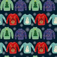 Seamless pattern with ugly sweaters illustration on a dark background with snowflakes vector