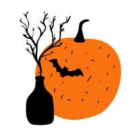 ilustración de un murciélago negro y una calabaza naranja sobre un fondo blanco vector