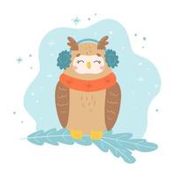 Vector winter owl is sitting in scarf and earmuffs on the branch of tree. Cute seasonal cartoon character of brown wild bird in snow for christmas party