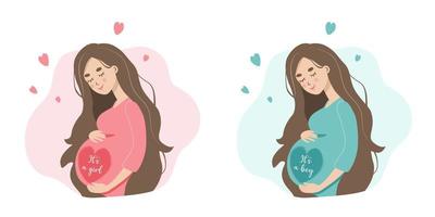 Pregnant woman with belly is expecting a baby, boy or girl. Gender of child. Flat vector illustration of young mother in pregnancy