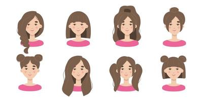 conjunto de peinados de moda moderna. hermosa colección de retratos de mujeres con cortes de pelo de moda. cabello largo vectorial, cabello corto, tendencias de peluquería rizada vector