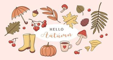 Vector set of autumn icons. Hand drawn fallen leaves, cup, mushrooms, rowan, acorn, umbrella, rubber boots, fern, pumpkin. Doodle collection of fall season elements. Flat cartoon illustration