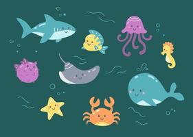 Vector set of sea fishes. Cute collection of ocean underwater life. Children doodle illustration of colorful aquarium fauna. Cartoon aquatic nature on the reef