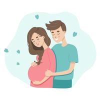 Flat illustration about young couple expacting a child birth. Young pregnant woman with her man, two happy parents. A husband takes care and hugs his wife in pregnancy vector