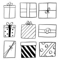 elementos de regalos de doodle de línea negra. ilustración vectorial sobre navidad o cumpleaños. vector