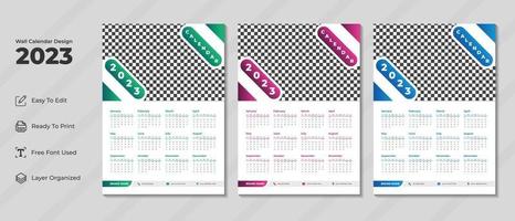 Plantilla de diseño de calendario de pared 2023 con color verde, morado y azul. diario corporativo y planificador de negocios. semana comienza el domingo. diseño de calendario de pared moderno para el nuevo año 2023. vector