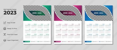 Plantilla de diseño de calendario de pared 2023 con color verde, morado y azul. diario corporativo y planificador de negocios. semana comienza el domingo. diseño de calendario de pared moderno para el nuevo año 2023. vector