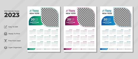 Plantilla de diseño de calendario de pared 2023 con color verde, morado y azul. diario corporativo y planificador de negocios. semana comienza el domingo. diseño de calendario de pared moderno para el nuevo año 2023. vector