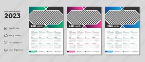 Plantilla de diseño de calendario de pared 2023 con color verde, morado y azul. diario corporativo y planificador de negocios. semana comienza el domingo. diseño de calendario de pared moderno para el nuevo año 2023. vector