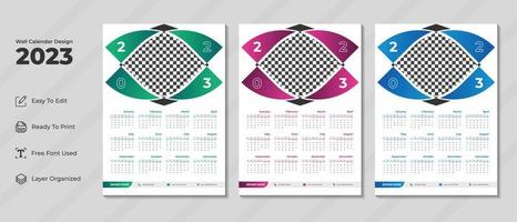 Plantilla de diseño de calendario de pared 2023 con color verde, morado y azul. diario corporativo y planificador de negocios. semana comienza el domingo. diseño de calendario de pared moderno para el nuevo año 2023. vector