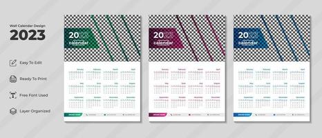 Plantilla de diseño de calendario de pared 2023 con color verde, morado y azul. diario corporativo y planificador de negocios. semana comienza el domingo. diseño de calendario de pared moderno para el nuevo año 2023. vector