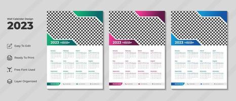 2023 wall calendar design template with green, purple and blue color. Corporate and business planner diary. Week starts on Sunday. Modern wall calendar design for new year 2023. vector