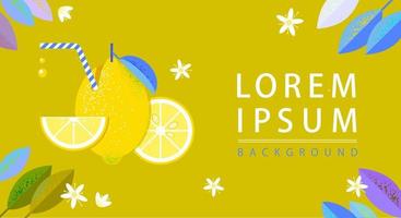poster template, label, lemon in which a cocktail tube is stuck, lemon wedges, lemon leaves and flowers on a yellow background vector