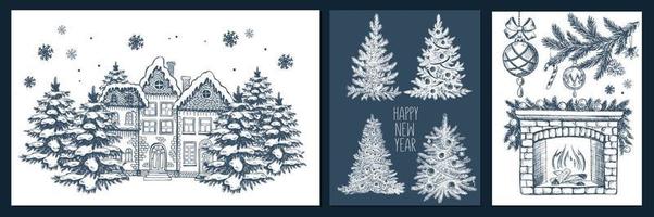 Christmas tree, toys, hand drawn style, vector illustration