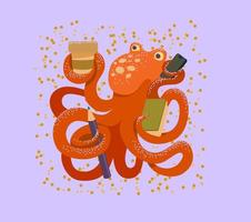 un pulpo que sostiene en sus tentáculos: un vaso para café, un teléfono móvil, un diario, un lápiz vector