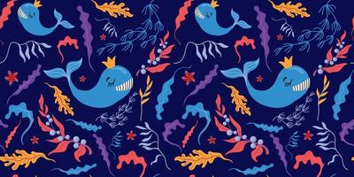 Seamless vector marine pattern with whales, starfish, algae