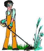 Image of a man who mows the grass with a trimmer. vector