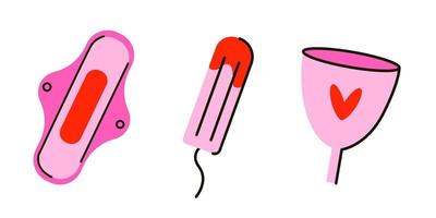 The topic of menstruation. Period. Various feminine hygiene products. Zero unnecessary items. vector