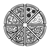 vista superior de una pizza con varios ingredientes. una pizza entera con champiñones, tomates, cebollas, pimientos y queso. pizza italiana ilustración vectorial en estilo de dibujos animados vector