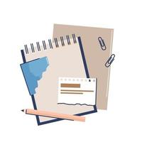 Sheets of paper for notes, notebook pages with torn sides and stickers. Vector illustration of the office