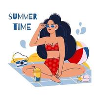 gráfico de stock abstracto vectorial dibujado a mano dibujos animados de horario de verano, ilustraciones de estilo minimalista impresas con una hermosa chica bohemia haciendo un picnic en la playa sola, aislada en fondo blanco vector