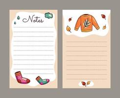 Knitting elements of a postcard. A template for notes made of clean paper, a cozy cardigan, wool socks. A set of vector sheets for notebooks in Scandinavian style autumn winter