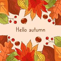Vector horizontal seamless frame with colorful autumn leaves, berries and chestnuts